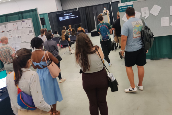 Standing room only outside a presentation on graduate school success by ESA leader Kathleen Carroll at the 2022 Annual Meeting