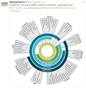 screen shot of a graphic displaying many careers that scientists have today, in sectors including policy, writing, education, medicine, science, art, engineering, law, and business.