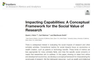 Screenshot of paper published in Frontiers in Research Metrics and Analytics. Paper title is: Impacting Capabilities: A Conceptual Framework for the Social Value of Research