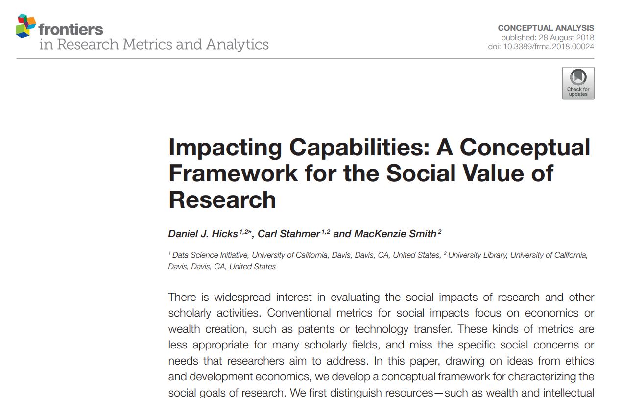 Screenshot of paper published in Frontiers in Research Metrics and Analytics. Paper title is: Impacting Capabilities: A Conceptual Framework for the Social Value of Research