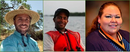 Three separate portrait images of ecologists in their respective fields.