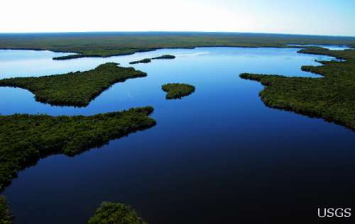 Mangrove islands like these along the upper Lostman’s River in Everglades National Park protect coastlines from stormy waves, storm surge, and erosion – expected to increasingly threaten coastal cities and townships as sea levels rise. Investments in “soft” engineering protections against storm damage, like wetlands and oyster reef restoration, can be cheaper in the long run than seawalls, breakwaters, and groins, and also offer benefits for wildlife, fisheries, and recreation. Credit, Paul Nelson, USGS.