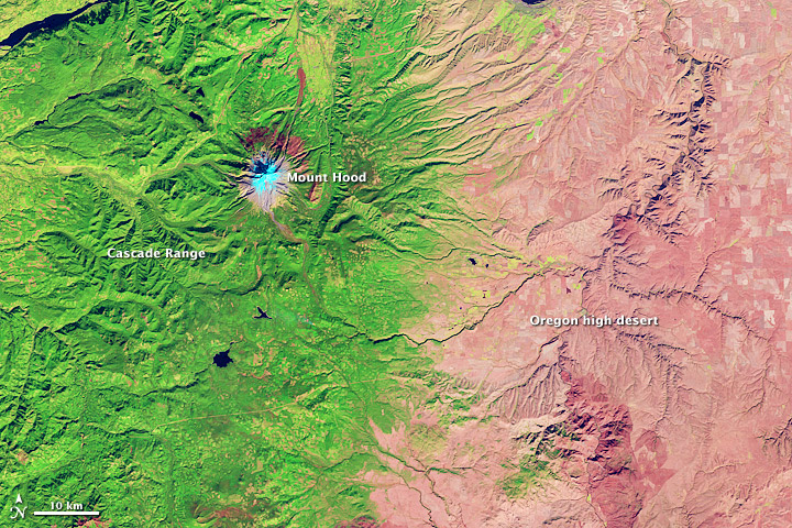 Pacific crest ecotone. The peaks of the Cascade mountain range cast a “rain shadow” over eastern Oregon, instigating a harsh change from the wet, green, boreal forest of the west to the dry, sparse, high desert of the east. Greens and browns brightly demarcate the ecosystem transition, or ecotone, in this image acquired by the USGS Landsat 5 satellite on 27 Oct 2011. Credit, USGS Landsat and the NASA Earth Observatory.