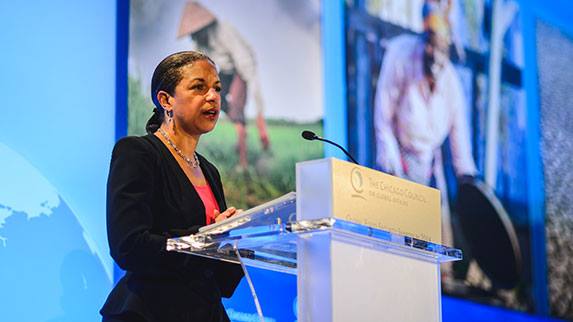 U.S. National Security Advisor Susan Rice is pictured speaking at the Global Food Security Symposium in Washington on May 22. She said, “Climate change affects every aspect of food security, from production to pricing. Climate change is not some distant threat. We’re already dealing with its impacts.” (Credit: The Chicago Council)