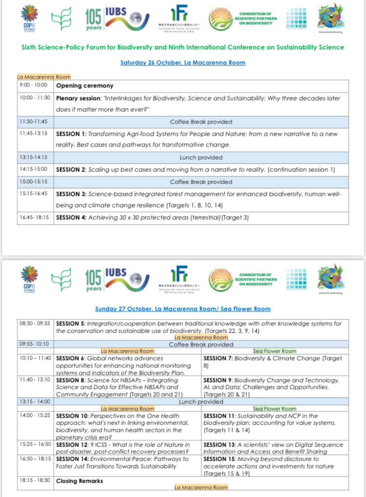 6th Science-Policy Forum for Biodiversity and 9th International Conference on Sustainability Science Program Schedule.