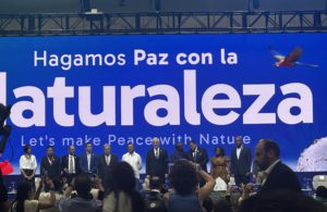 Group of leaders on stage at COP16 in front of a large screen displaying the message 'Hagamos Paz con la Naturaleza' (Let’s make Peace with Nature) with an image of a macaw flying across a blue background.