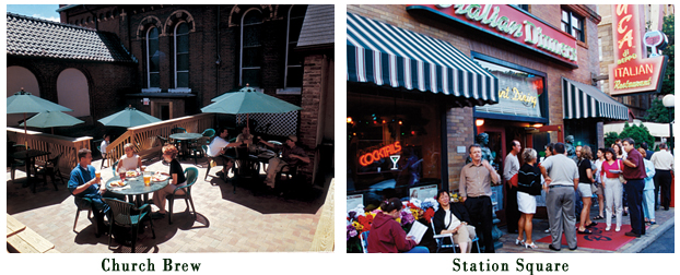 Street view of restaurants and outside dining.