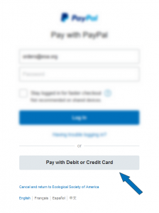 This image displays the login area for Paypal as an example.  The login form is blurred but an arrow points to an unblurred button which states "pay with credit or debit card".