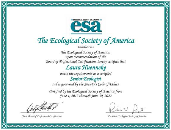 Example certificate awarded to professional ecologists.