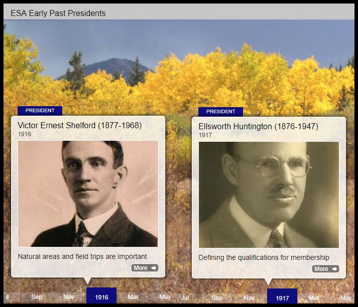 Snapshot of a timeline portion. It features headshots of 2 past ESA presidents.