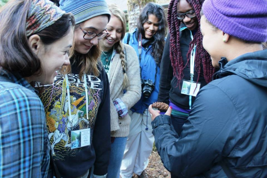 six students stand around discussing a pinecone in the center of them. 