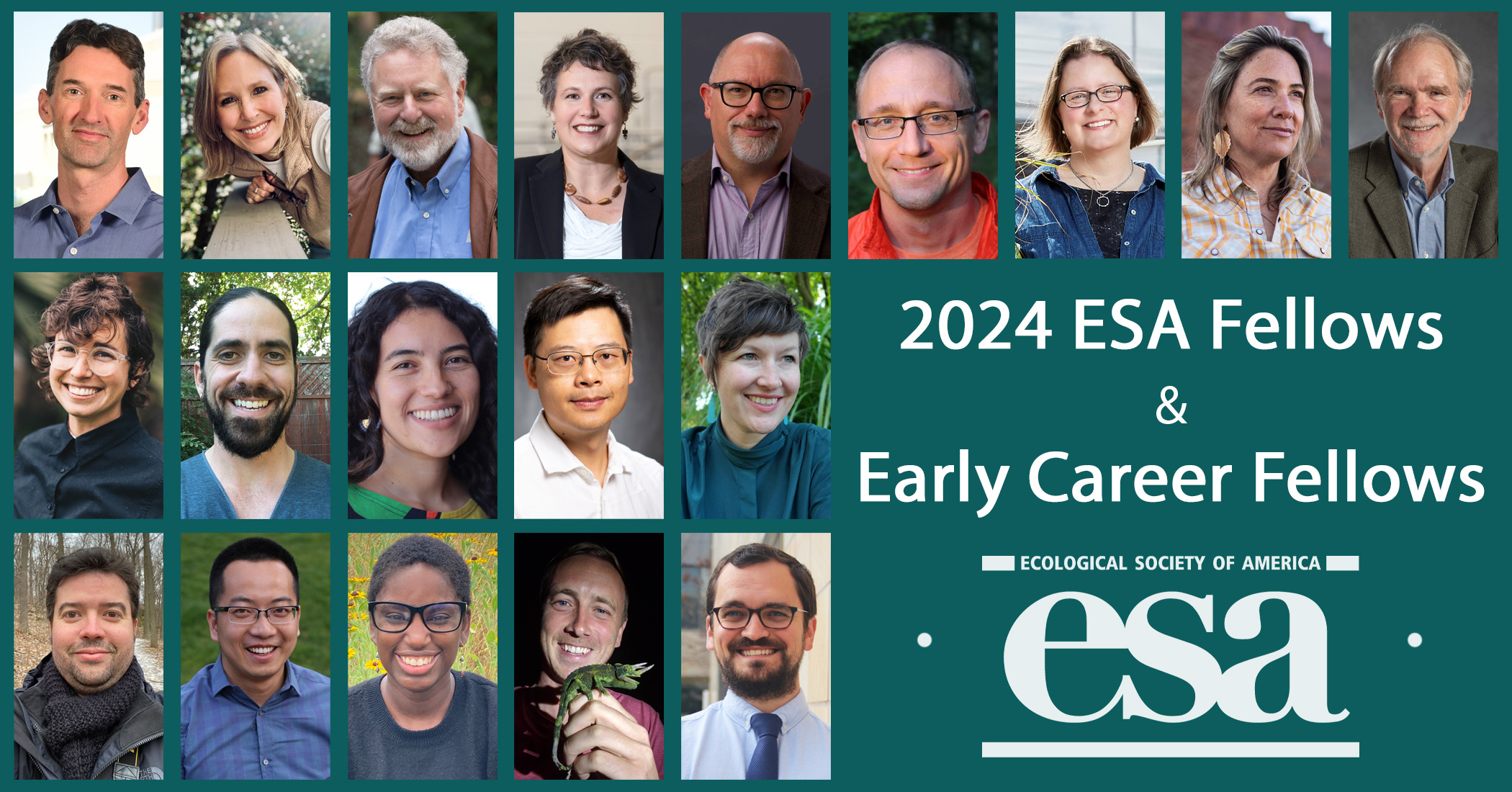 Headshots of the 9 2024 ESA Fellows and 10 2024 ESA Early Career Fellows, with the ESA logo