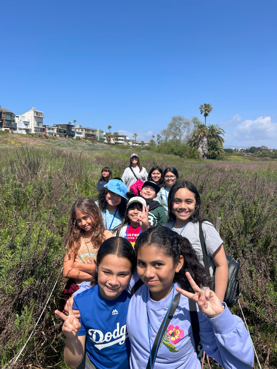 Photograph of a group of smiling children surrounded by vegetation, with a row of houses in the background